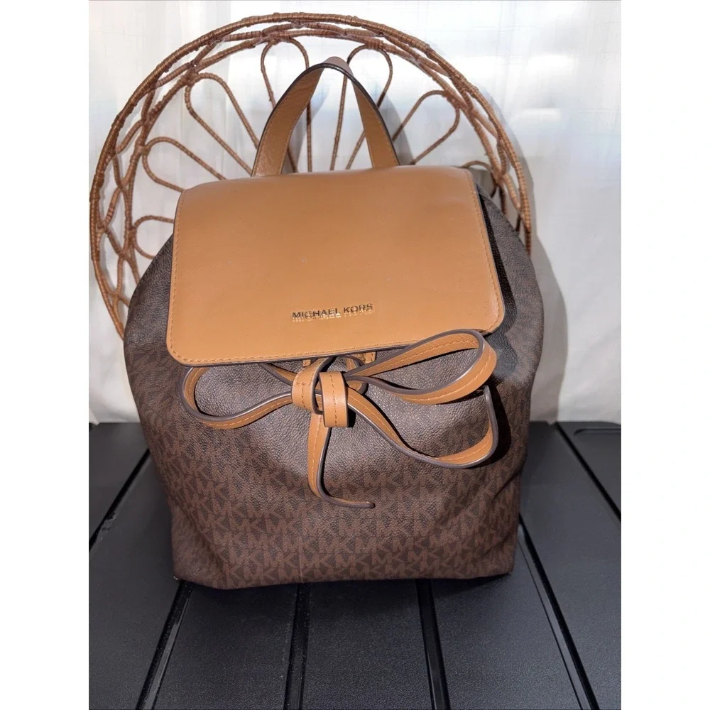 Preloved Michael Kors Junie Leather Medium Backpack‎ Tan Brown Monogram SEE PICS